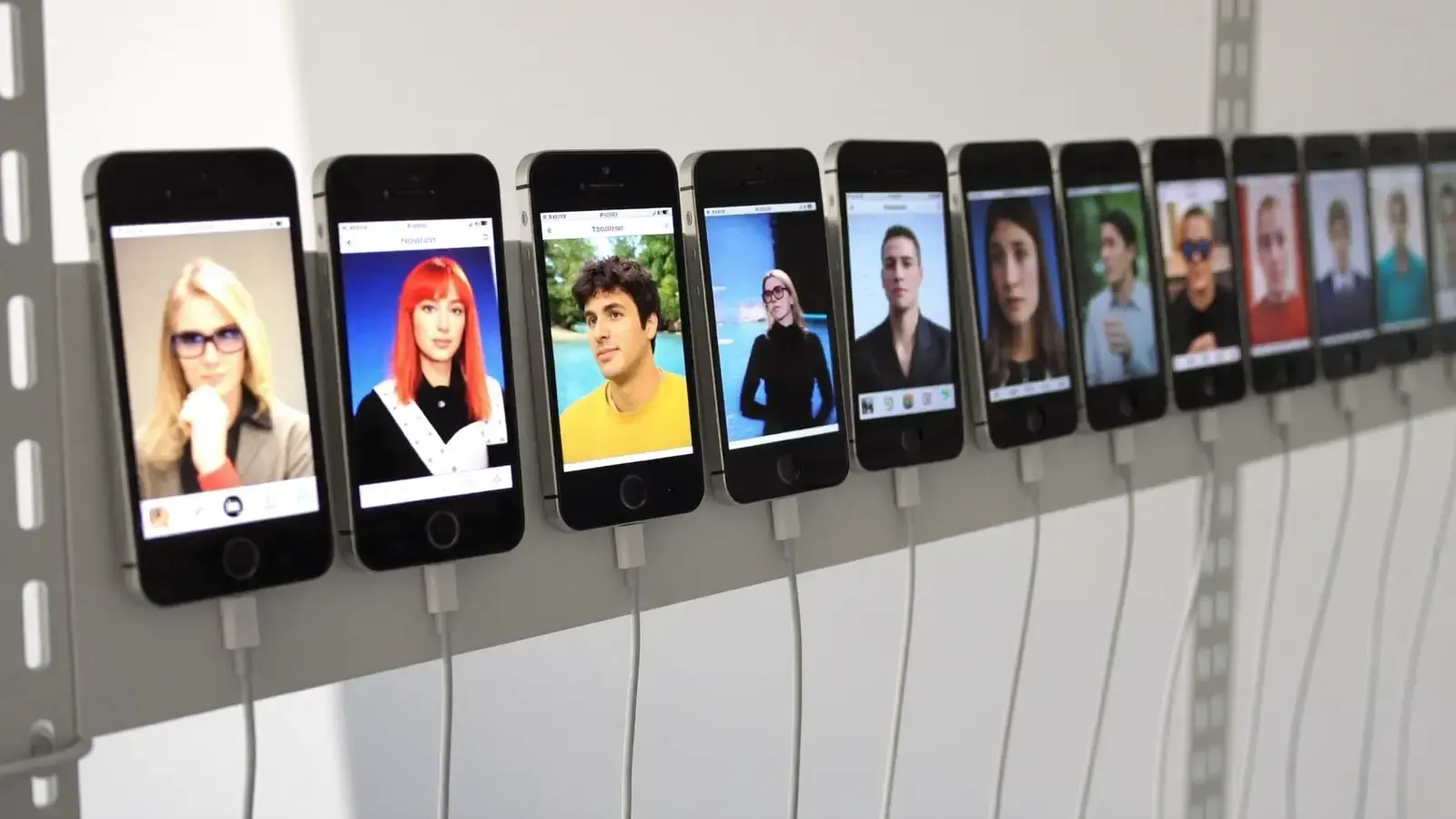 A shelf of iPhones connected by USB cables