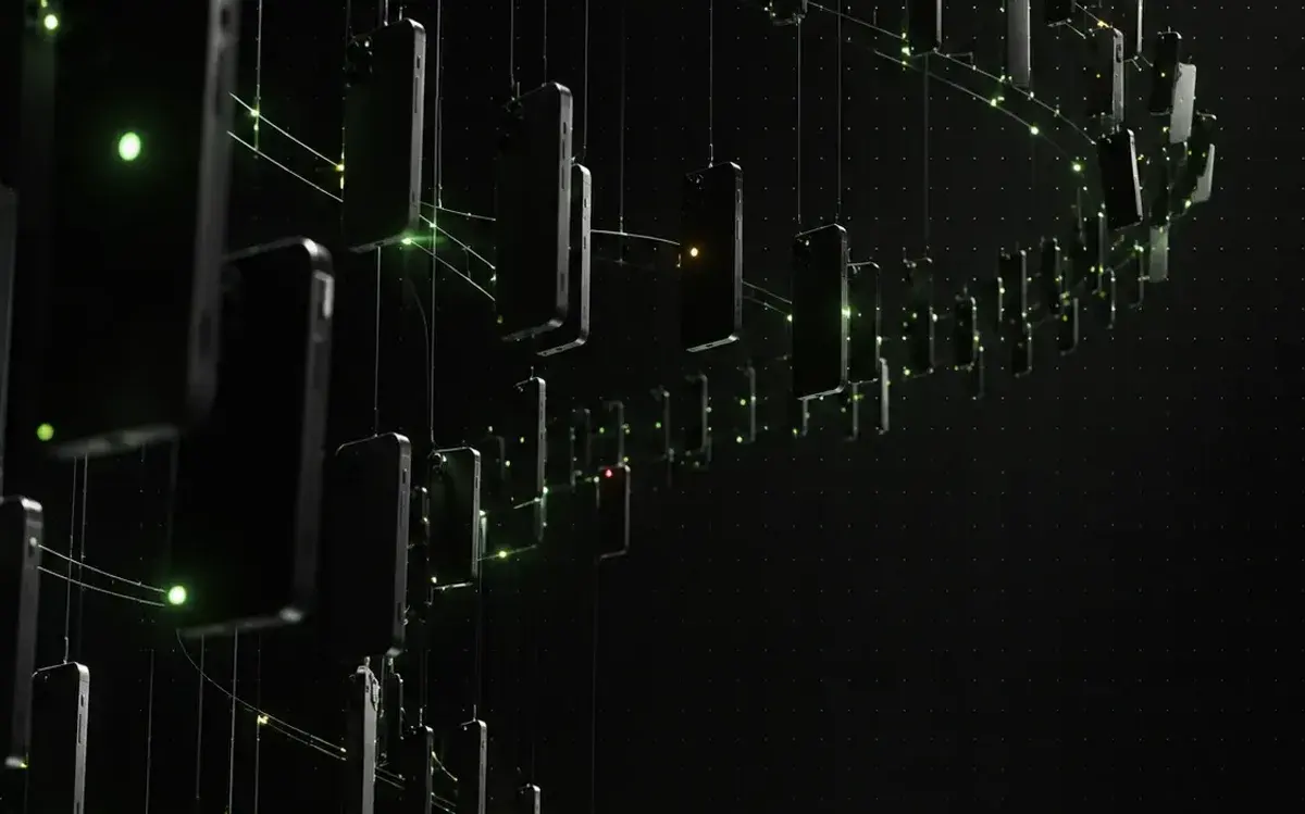 A rack of iPhones with status lights